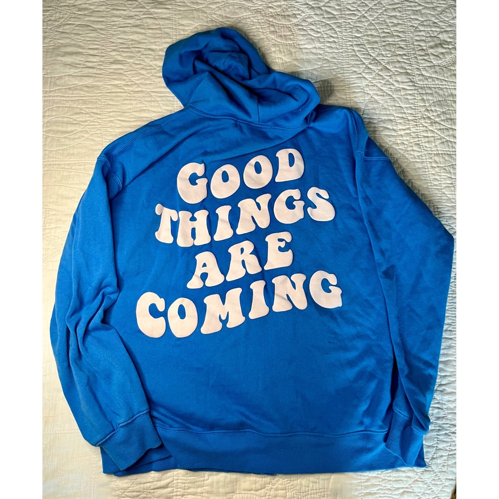 Vintage Havana "Good Things Are Coming" Blue Full Zip Puff Print Hoodie Medium
